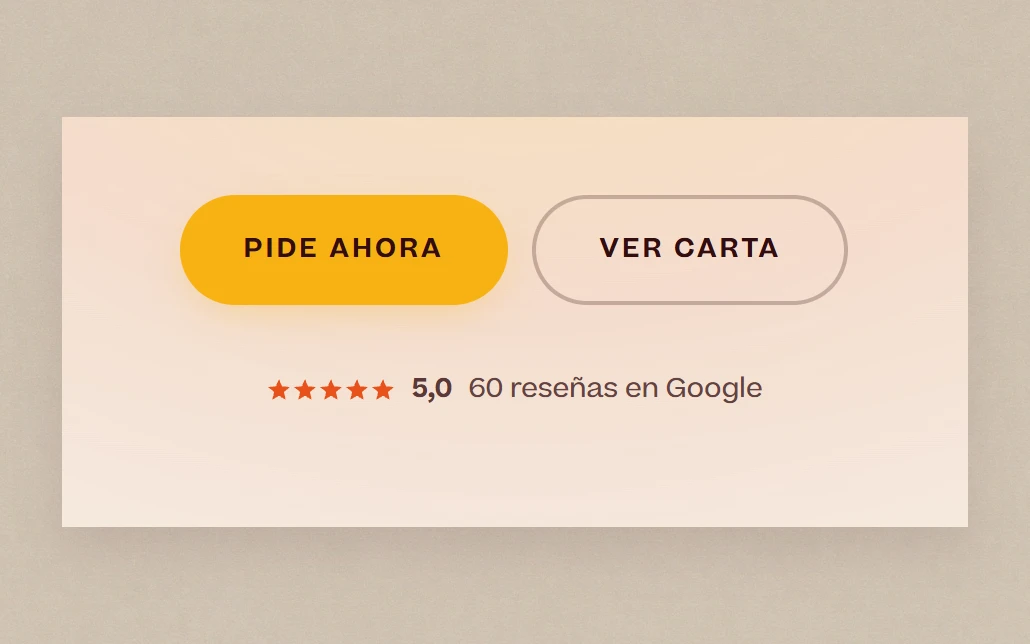 The Beikit hero: two buttons side by side, Pide ahora and Ver carta, with the Google rating on the line below.