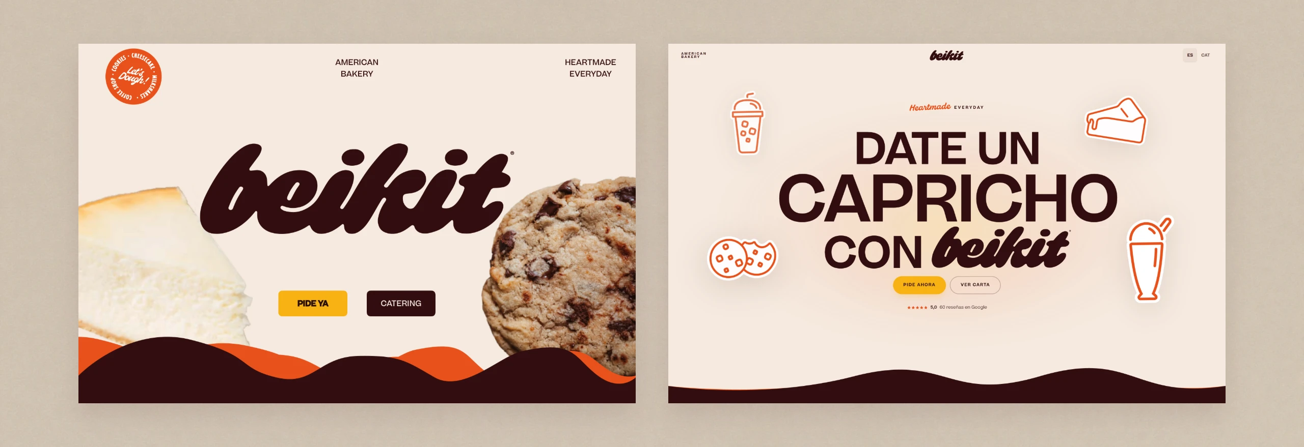 The same hero twice, side by side. Left, the Figma design: the wordmark alone over two product photographs, with “Pide ya” and “Catering”. Right, the live page: a headline over line illustrations, with “Pide ahora”, “Ver carta” and the Google rating.
