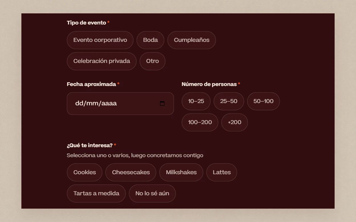The catering form: three stacked groups of tappable options for the type of event, the number of people, and what you want.